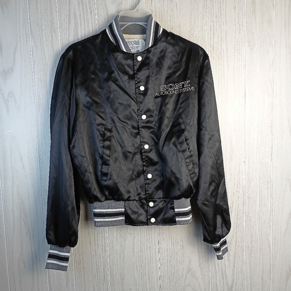 Vintage Sony Autosound Systems Satin Jacket Snap Button womens SIze Med FLAWS.